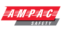 Ampac Safety logo in red and grey with bold italic text and horizontal stripes.