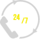 24/7 phone support icon showing a handset within a circular arrow and yellow text “24/7.”