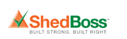 ShedBoss logo with orange and green text, triangular icon with checkmark, and tagline “Built Strong. Built Right.”