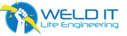 Weld It Lite Engineering logo featuring a raised fist holding a yellow lightning bolt inside a blue circle, with company name in blue text.
