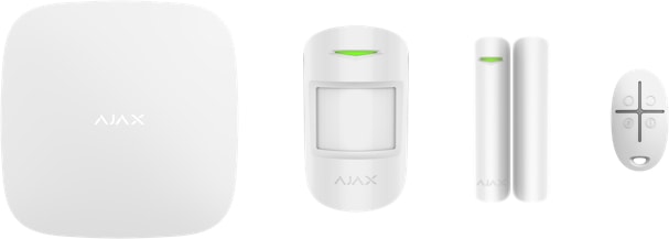 Ajax wireless home security alarm system with control hub, motion sensor, door/window contact sensor, and remote control.