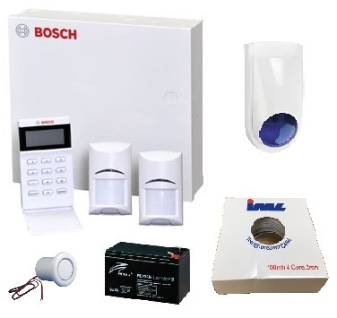 Bosch home security alarm kit including control panel, keypad, motion sensors, indoor siren, outdoor siren, backup battery, and security cable roll, displayed on a white background.