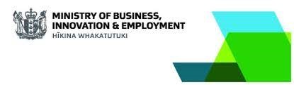 Ministry of Business, Innovation and Employment (MBIE) logo featuring the New Zealand coat of arms on the left and green geometric shapes on the right, with the Māori translation “Hīkina Whakatutuki”.