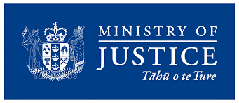 Logo of the New Zealand Ministry of Justice featuring the Crown emblem, the text 