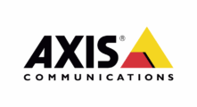 Axis Communications logo with bold black text “AXIS” and “COMMUNICATIONS” below, featuring a yellow and red triangular design element.