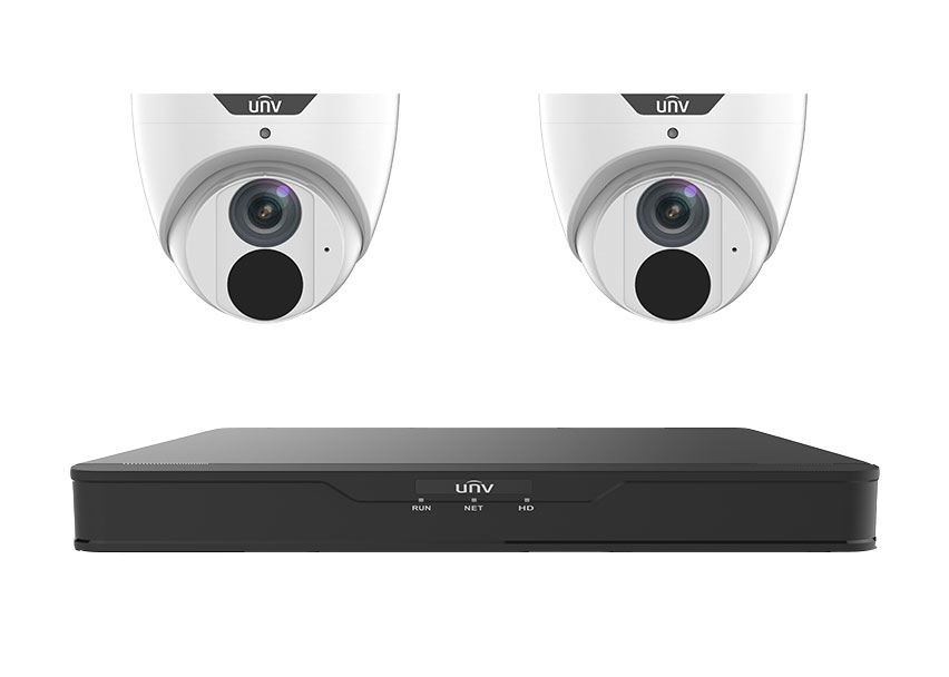 Uniview (UNV) CCTV security system with two dome cameras and a network video recorder (NVR) unit.