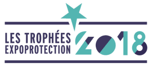 Les Trophées Expoprotection 2018 logo featuring a turquoise star above stylized text and numbers on a dark background.