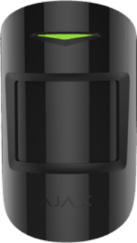 Black Ajax motion detector with a green LED indicator light at the top, used for security and intrusion detection.