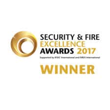 Security & Fire Excellence Awards 2017 Winner logo with gold circular emblem and text in black and gold.