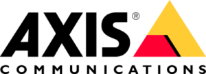 Axis Communications logo with black text and a yellow and red triangular icon.