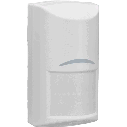 White wall-mounted motion detector sensor used for security alarm systems.