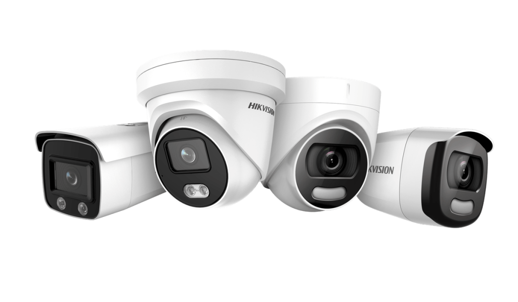 Range of Hikvision CCTV security cameras, including bullet and dome models, in white housing.