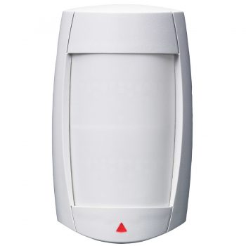 White motion detector sensor with a red indicator light for security systems.