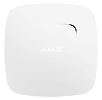 White Ajax fire detector with a sleek square design, featuring a small vent opening and the Ajax logo in the center.
