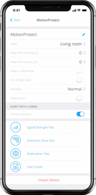 Smartphone screen displaying Ajax MotionProtect app settings for a living room sensor, showing sensitivity options, siren alerts, and test functions.