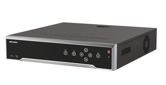 Hikvision DS-7732NI-K4/16P network video recorder (NVR) for CCTV systems, featuring multiple channel inputs and sleek black design.