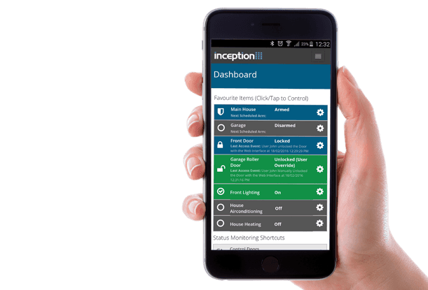 Hand holding a smartphone displaying the Inception security dashboard app, showing status of house, garage, doors, lighting, and heating controls.
