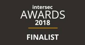 Intersec Awards 2018 Finalist logo with white text on a dark background and a gold underline.