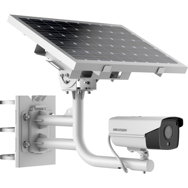Hikvision solar-powered CCTV camera system with mounted solar panel and bullet security camera.
