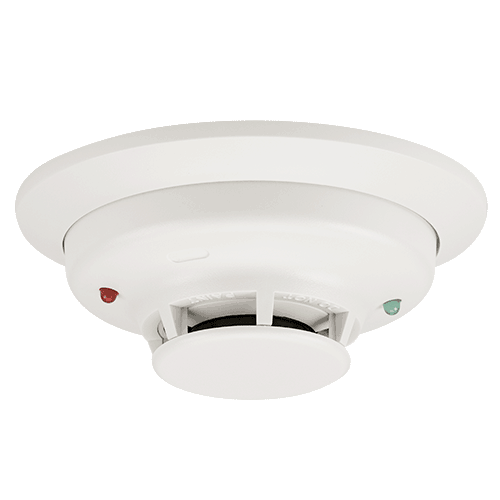 White ceiling-mounted smoke detector with red and green indicator lights.